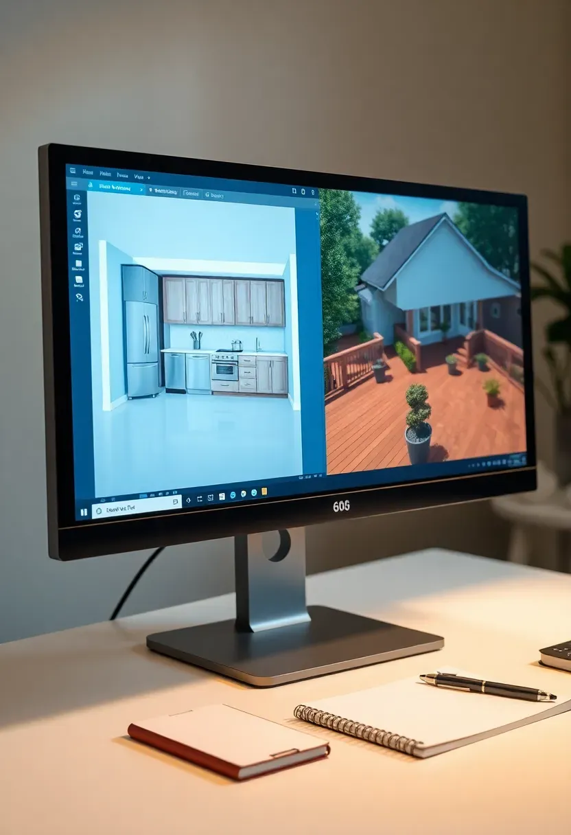 Split-screen showing DreamPlan home design software with indoor floor plan on left and outdoor patio deck design on right