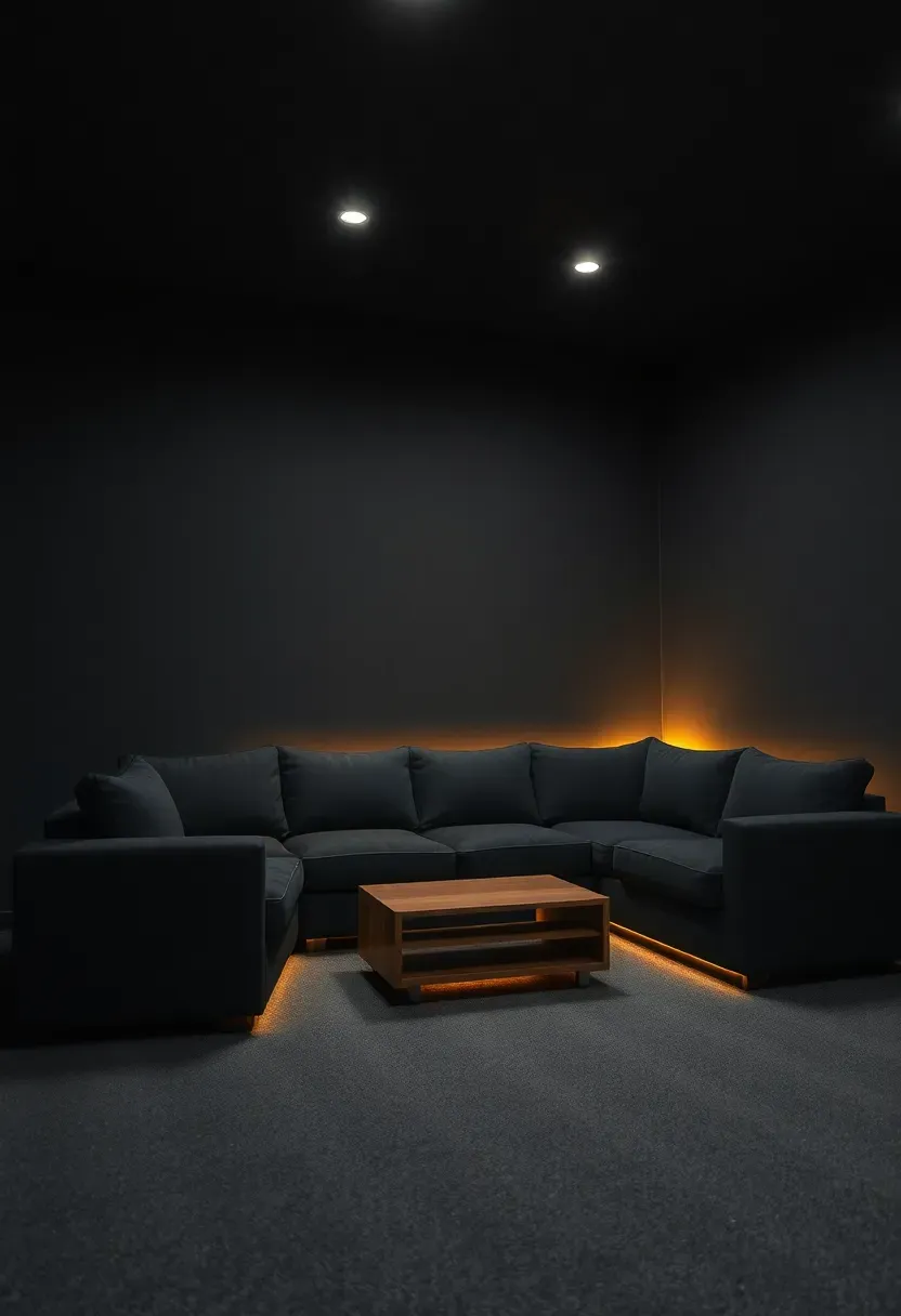 basement media room with stormy charcoal walls and comfortable sectional sofa