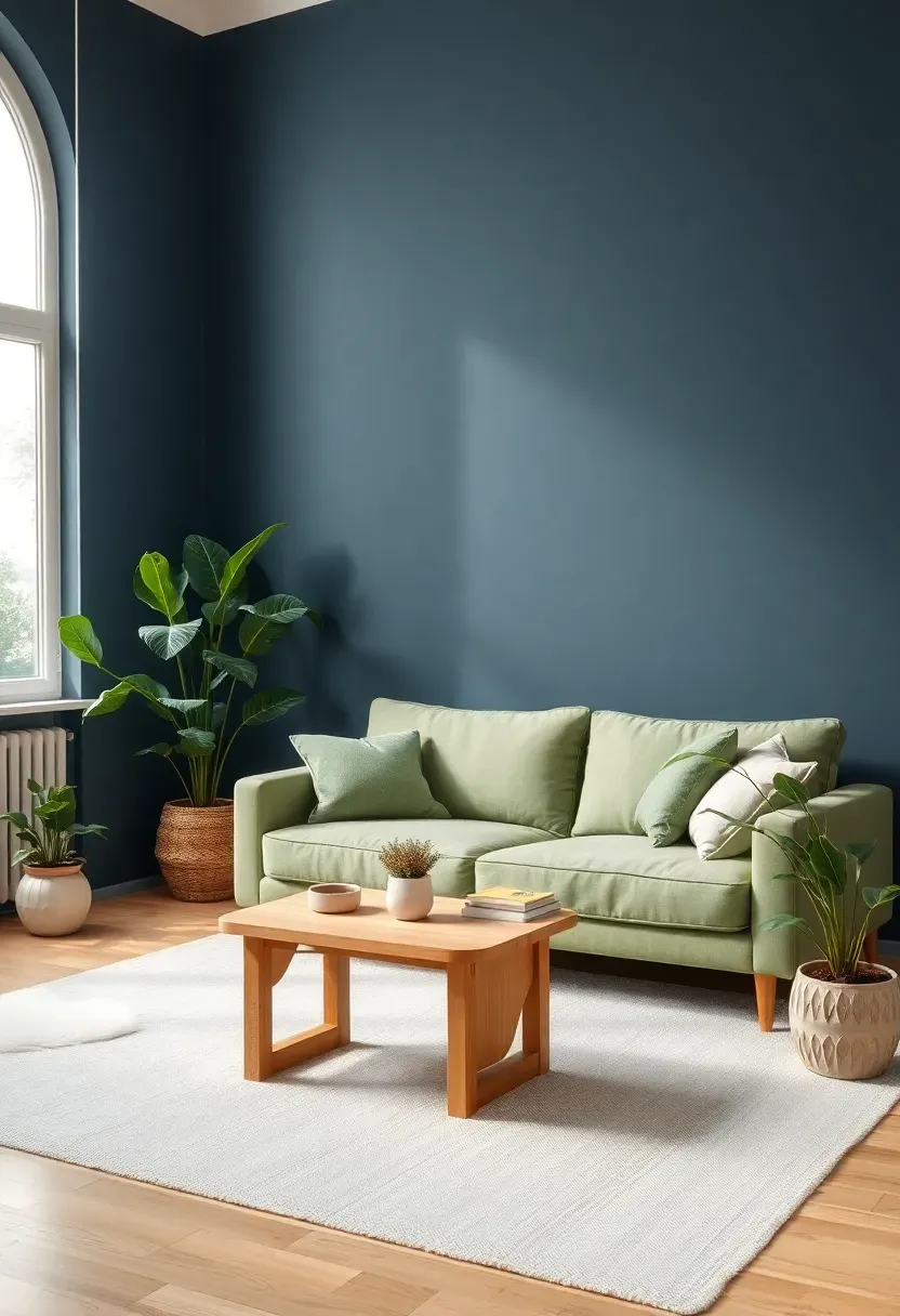 Hyper-realistic wide shot of minimalist living room with navy blue walls sage green sofa sage green plants with varied leaves light oak coffee table white rug. Materials: matte navy blue paint sage green linen sofa green plants in ceramic pots light oak wood cream wool rug. Soft natural daylight beautiful color harmony between navy walls sage sofa and green plants organic sophisticated atmosphere. Sharp details on plant textures and wood grain clean composition no clutter no text no watermarks.</p>