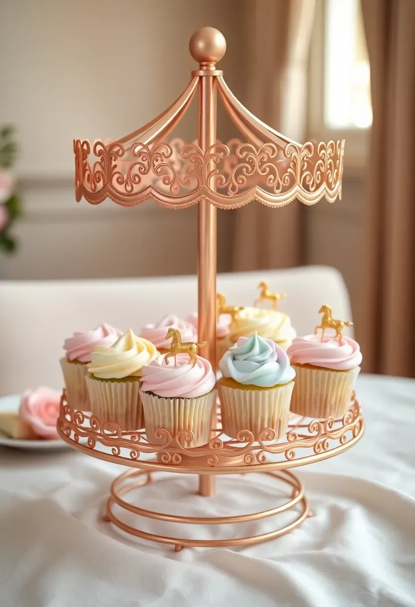 carousel inspired cupcake display with pastel cupcakes on a rotating tiered stand with small gold horse toppers