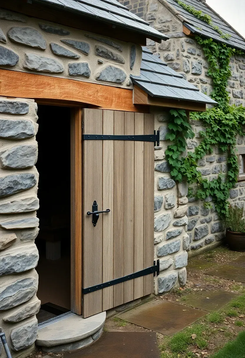 A garden shed clad in natural stacked fieldstone with a heavy timber door frame, a slate roof, and ivy growing up one corner