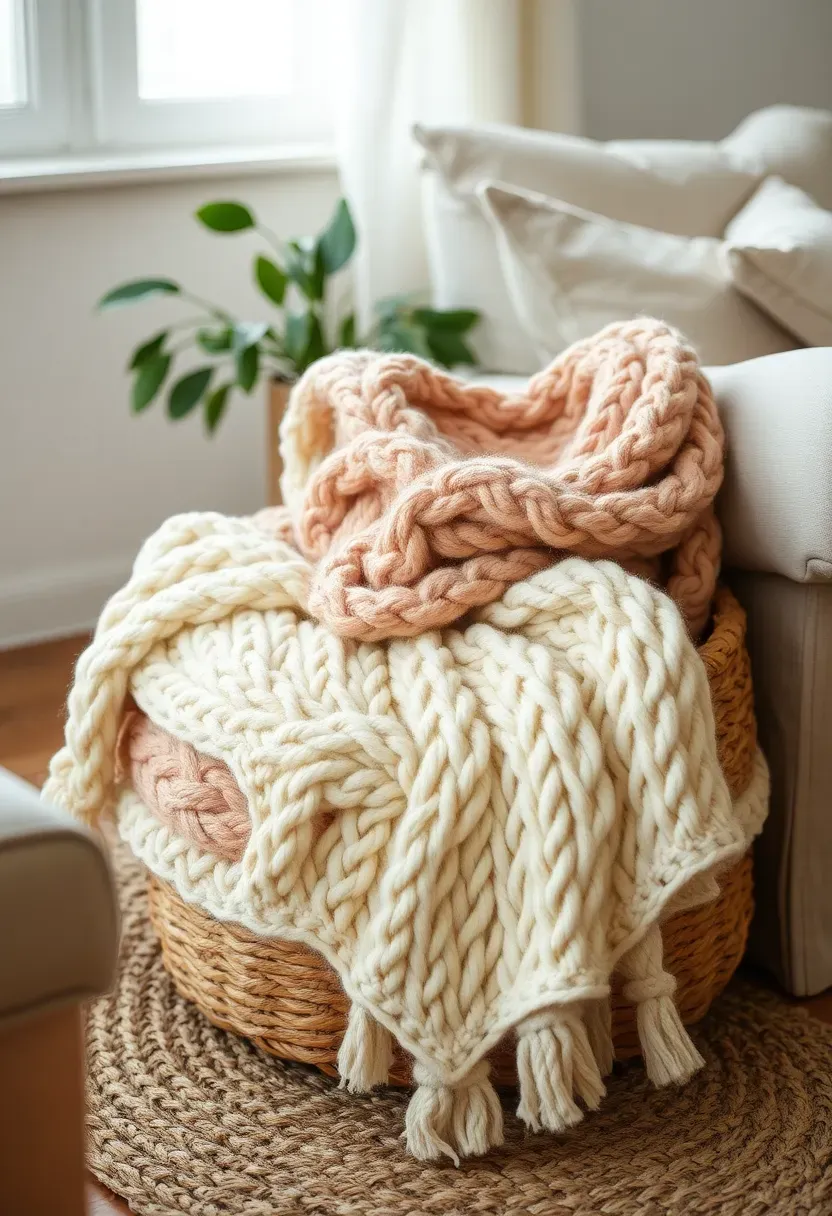 Large woven seagrass basket overflowing with chunky knit blankets in cream and blush tones beside a sunroom sofa