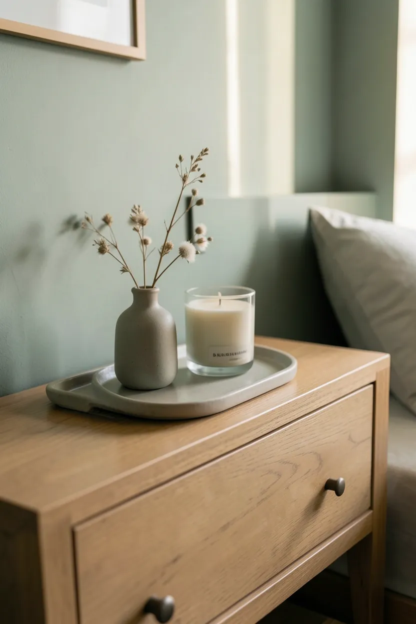 Minimally styled dresser top with ceramic tray, small neutral vase, and candle in a sage green bedroom