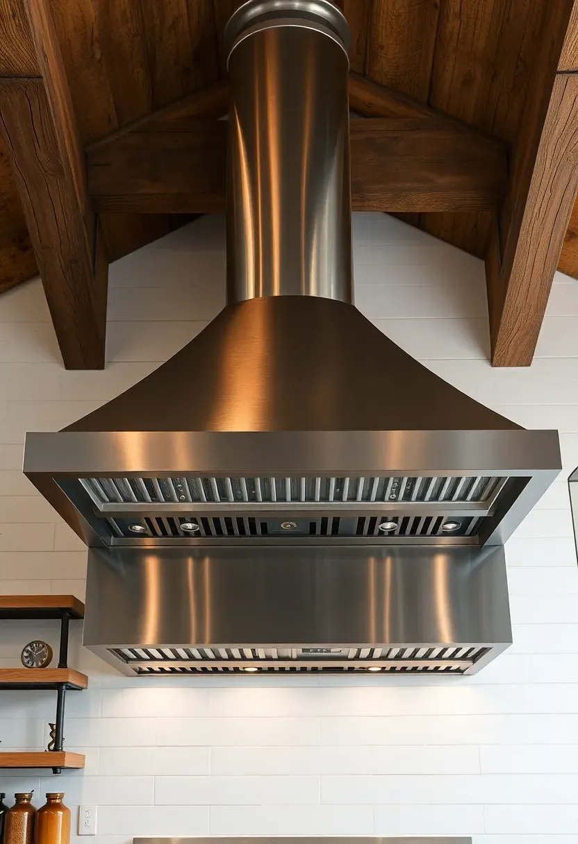 large stainless steel commercial range hood in a barndominium kitchen with exposed beams