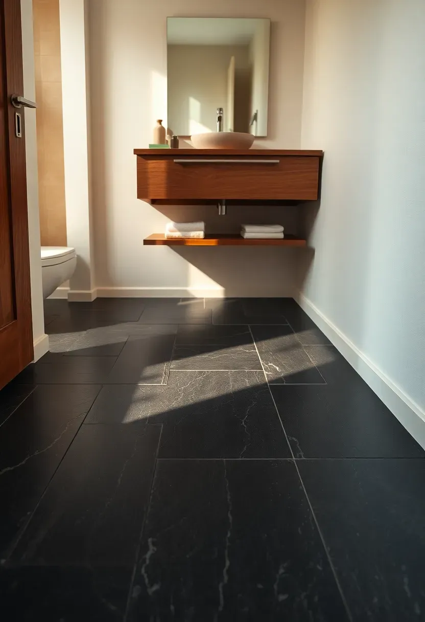 Charcoal slate tile bathroom floor with visible electric heating mat installation pattern beneath