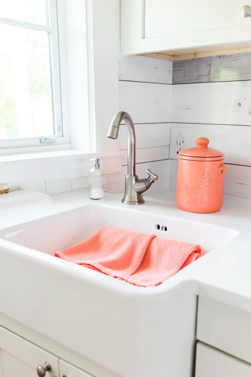 Classic white farmhouse apron sink with coral dish towels and coastal accessories in a bright rental kitchen