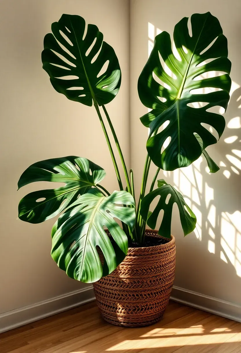 Large monstera deliciosa with split leaves in a woven basket planter filling a sunroom corner with warm afternoon light casting leaf shadows on white walls