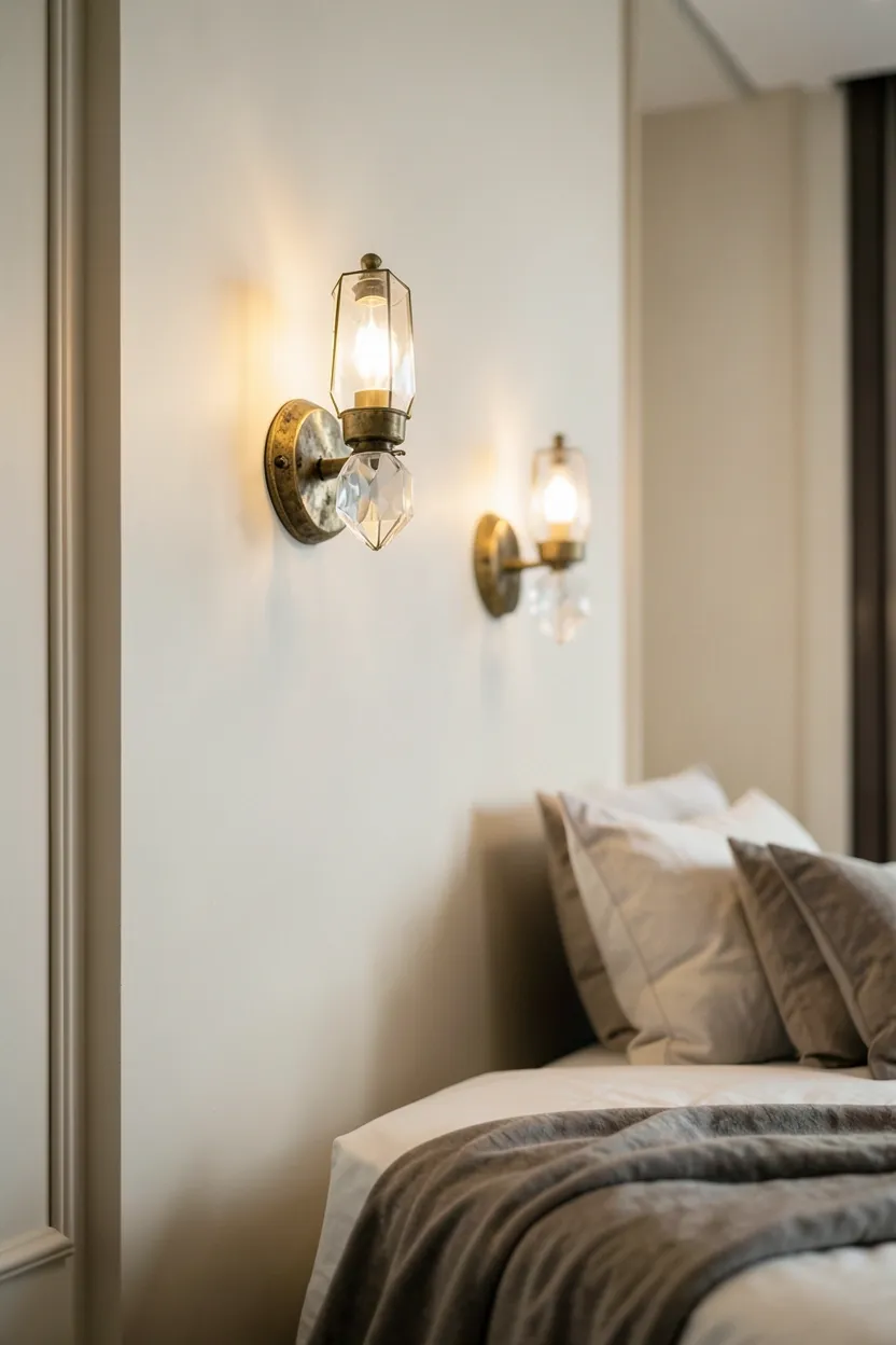 Polished brass wall sconces with warm glow flanking a velvet headboard in a modern luxury bedroom