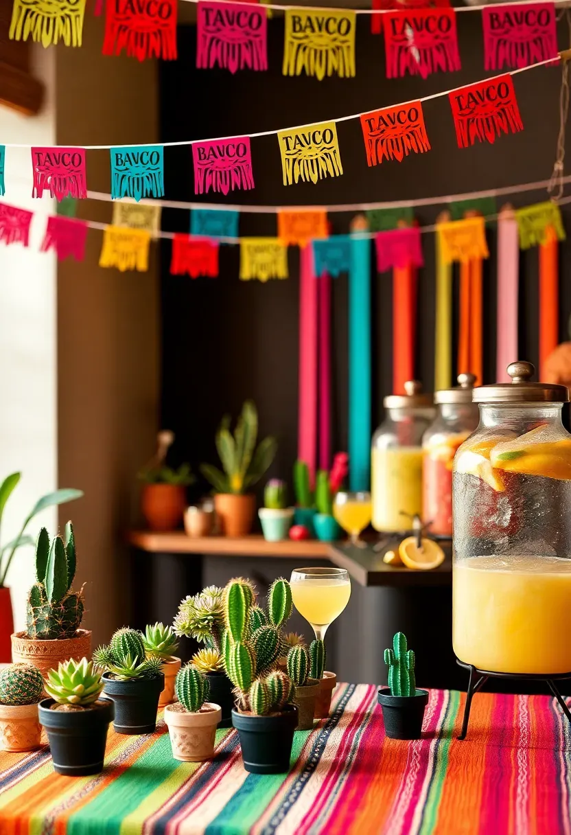 taco bout a boy fiesta baby shower with colourful papel picado and cactus decorations