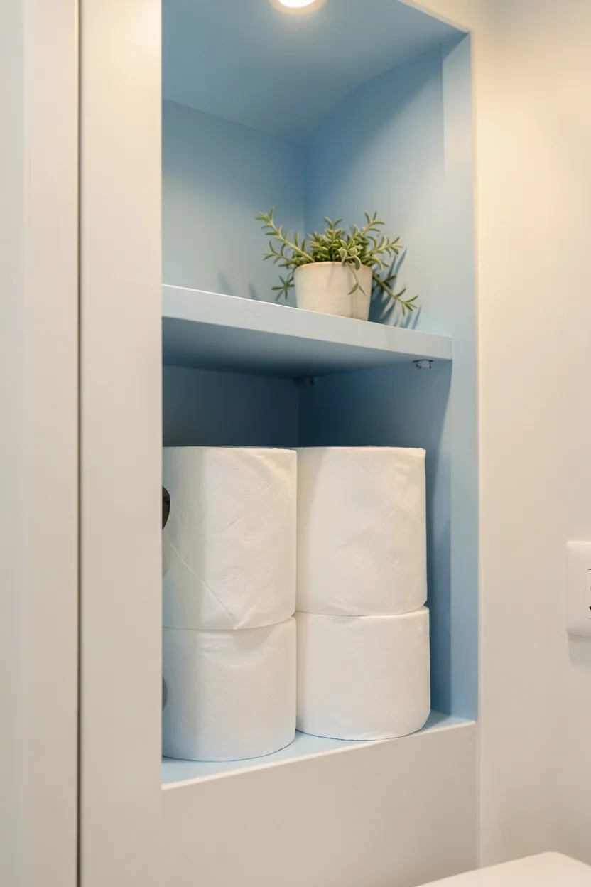 Recessed wall nook beside the toilet holding several toilet paper rolls with a small decorative ledge above in a Toca Boca family bathroom
