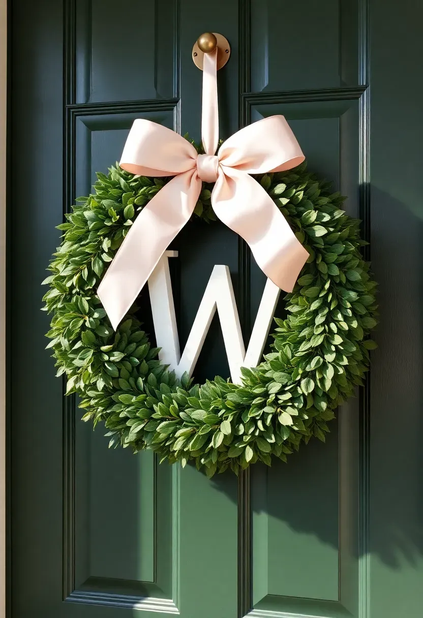 elegant monogrammed boxwood Easter wreath with a white wooden letter and green boxwood leaves
