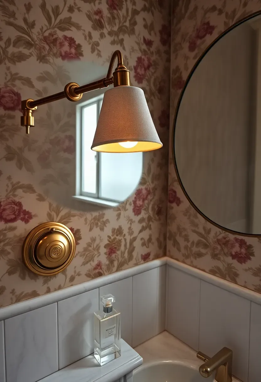 Adjustable polished brass swing-arm wall lamp next to a round mirror in a bathroom with floral wallpaper