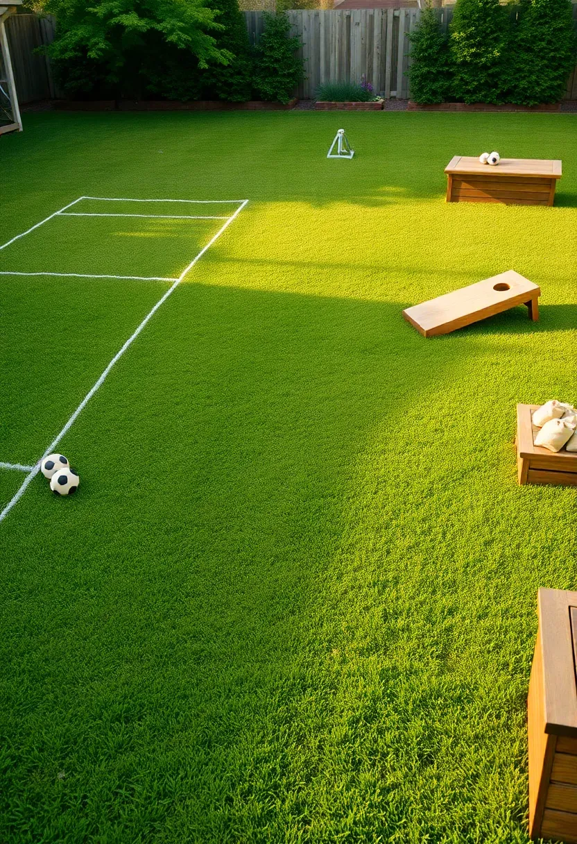 Flat backyard game lawn with bocce ball court markings, a croquet set mid-game, and a cornhole board at the far end