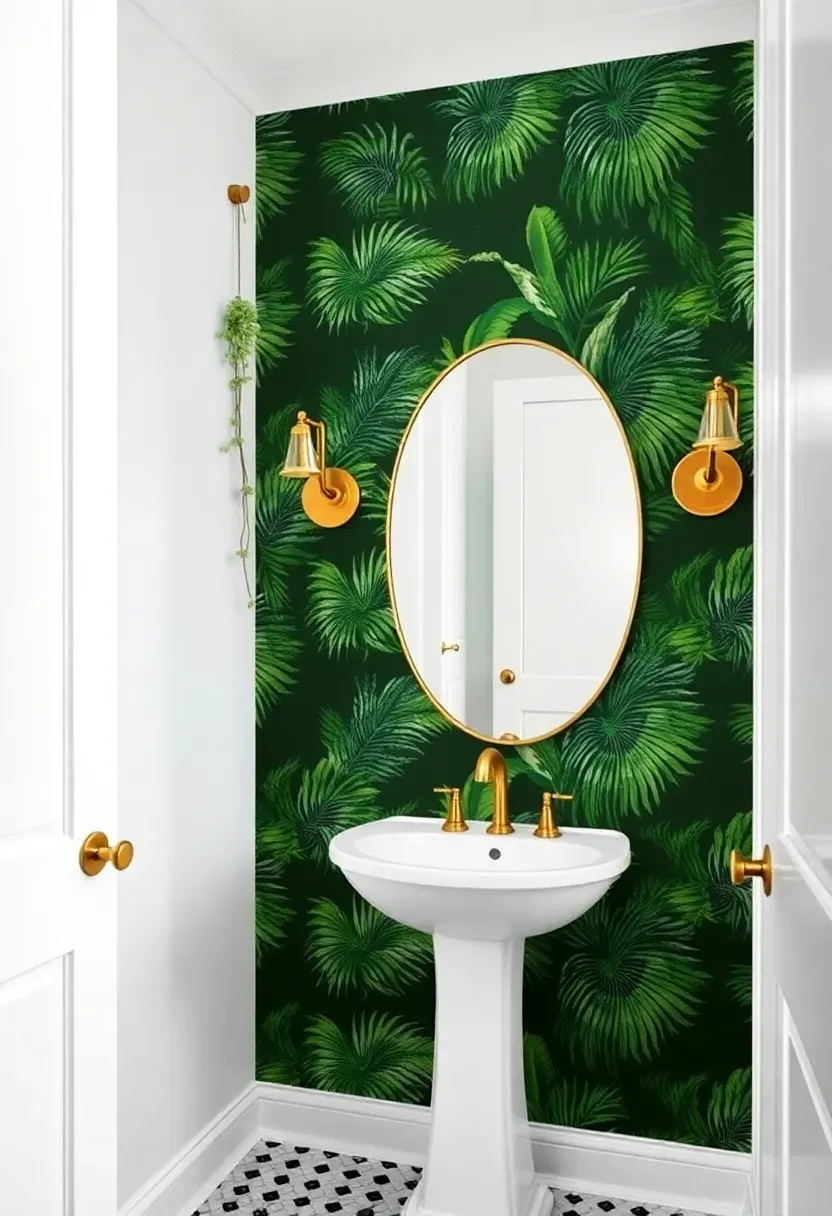 Bathroom with lush botanical green wallpaper featuring oversized leaf print, white pedestal sink, oval mirror, and brass wall sconces — peel-and-stick renter-friendly option