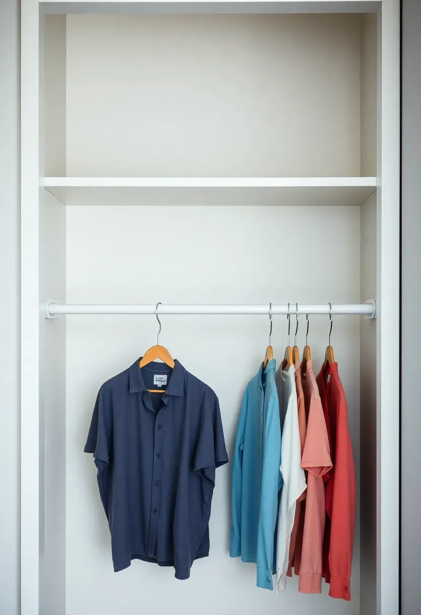 Hyper-realistic visual representation of one-in-one-out rule. Scene showing minimal closet space: new item being added on one side, old item being removed on other side. Balance maintained—quantity stays constant. Simple clothes rail with few items, one new shirt entering, one old shirt leaving. Neutral organized background. One-in-one-out principle mood showing equilibrium where acquisition requires equivalent release, preventing accumulation over time.</p>
