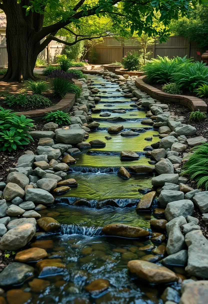 Winding natural stream channel lined with river rocks flowing through a shady backyard garden with ferns and native plantings
