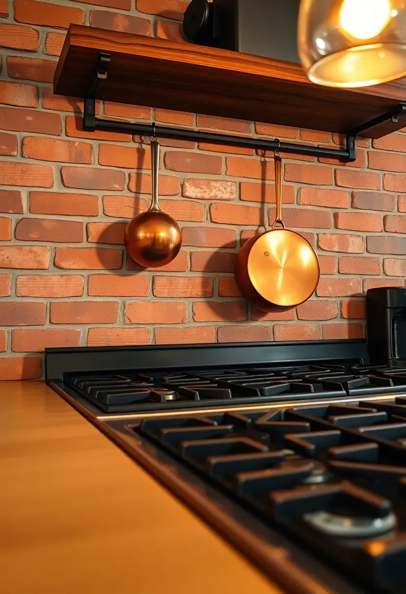 exposed red brick backsplash wall behind a kitchen range with copper pots hanging above