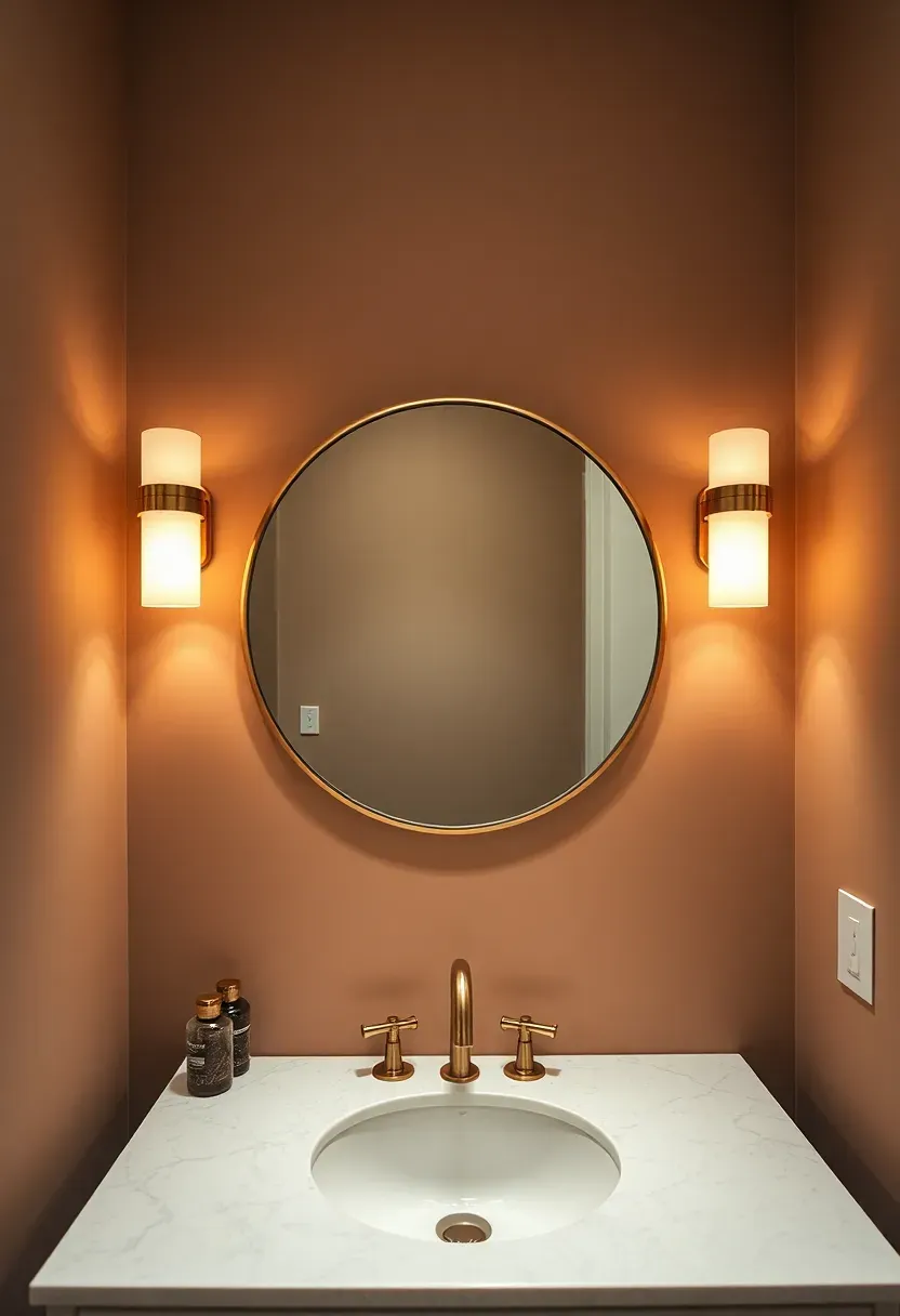 Basement bathroom vanity with warm LED sconces on either side of a round mirror casting even light