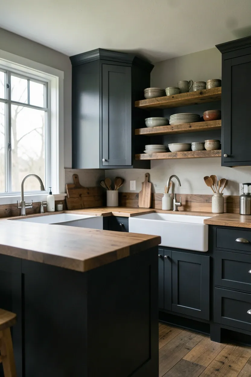 Hyper-realistic eye-level photograph of a modern farmhouse moody kitchen with charcoal cabinets, butcher block island, open shelving with vintage dishes, farmhouse sink. Soft natural light from window. Materials: charcoal finish, walnut butcher block, white apron sink, reclaimed wood shelves. Rustic mood. Shallow depth of field, sharp details on wood texture. No text, no logos, no watermarks.</p>
