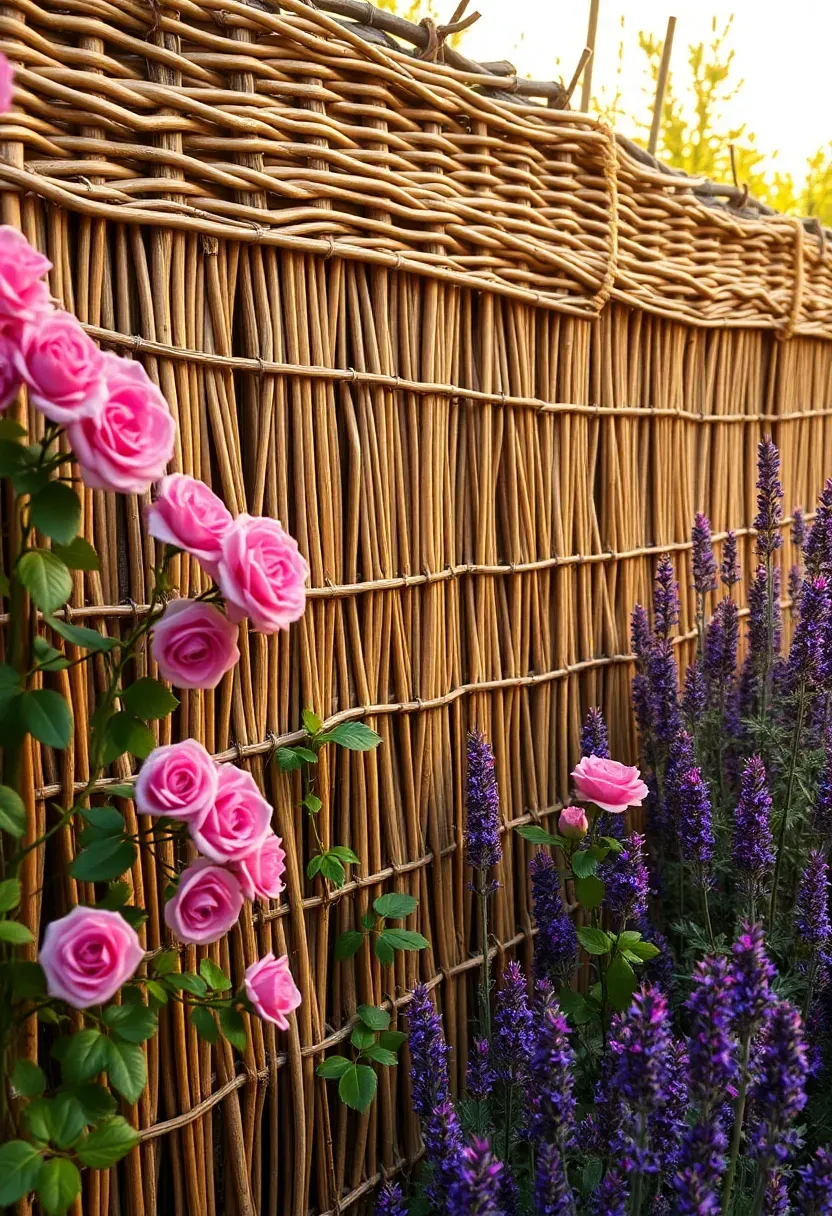 Woven willow hurdle fence panels in a cottage garden with pink roses and lavender growing alongside
