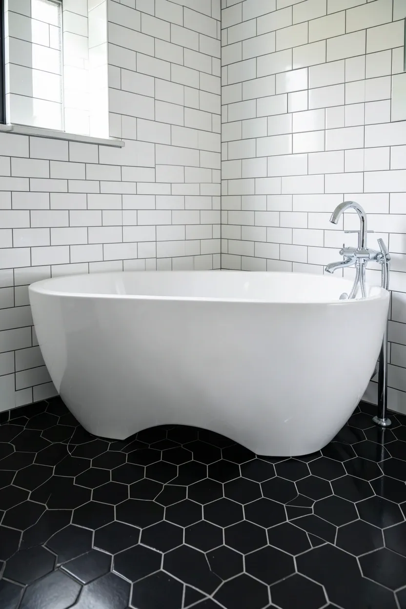 Hyper-realistic eye-level photograph of a modern black bathroom floor showing black hexagon ceramic tiles with subtle sheen, white subway tile walls with white grout, white freestanding tub, chrome fixtures. Natural light. Materials: black hexagon ceramic tiles, white subway tiles, porcelain tub, chrome fixtures. Geometric patterned black floor. Modern sleek aesthetic. No text, no logos, no watermarks.</p>