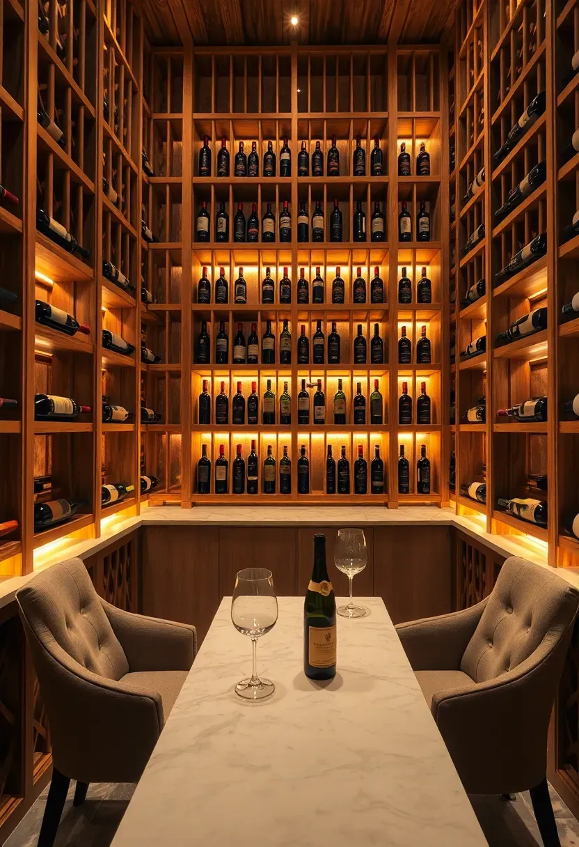 Basement wine bar with floor-to-ceiling climate-controlled wine rack, marble tasting counter, and warm accent lighting highlighting the bottles