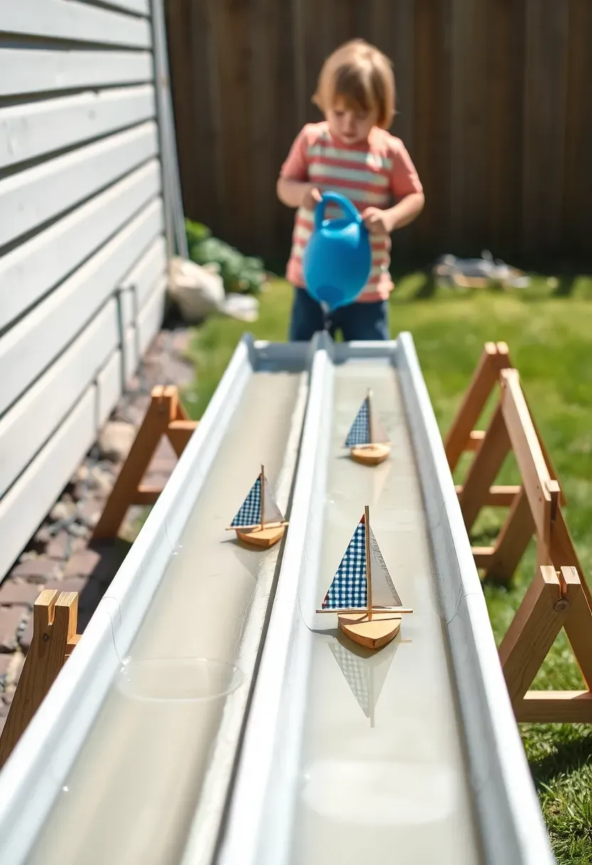 Two kids racing small wooden boats down a long rain gutter mounted on sawhorses at a slight angle in a backyard, pouring water from pitchers behind the boats