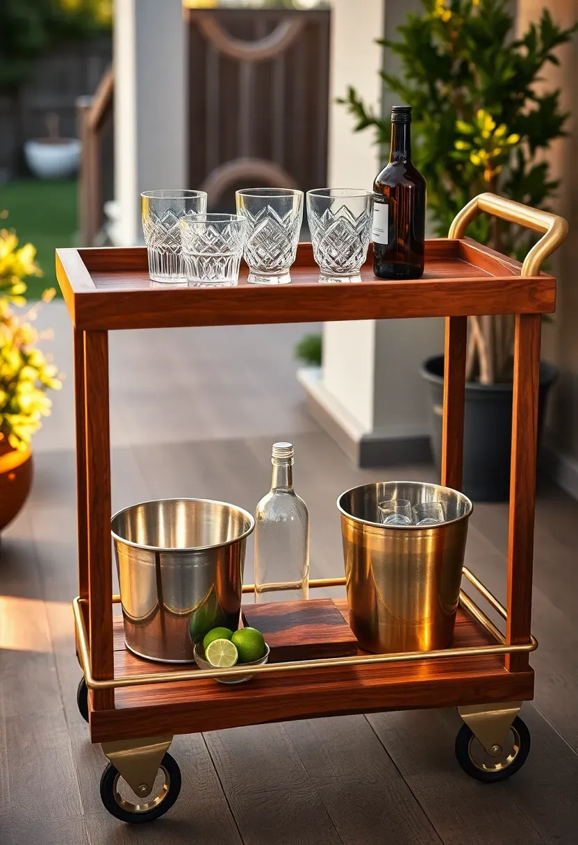 Outdoor bar cart with teak frame, glassware, bottled drinks, and a cocktail mixing set on a backyard porch