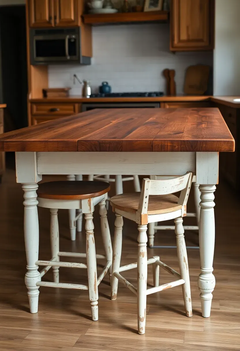 Antique farmhouse table with turned legs and worn patina serving as a freestanding kitchen island with mismatched vintage bar stools in a renter-friendly cottage kitchen
