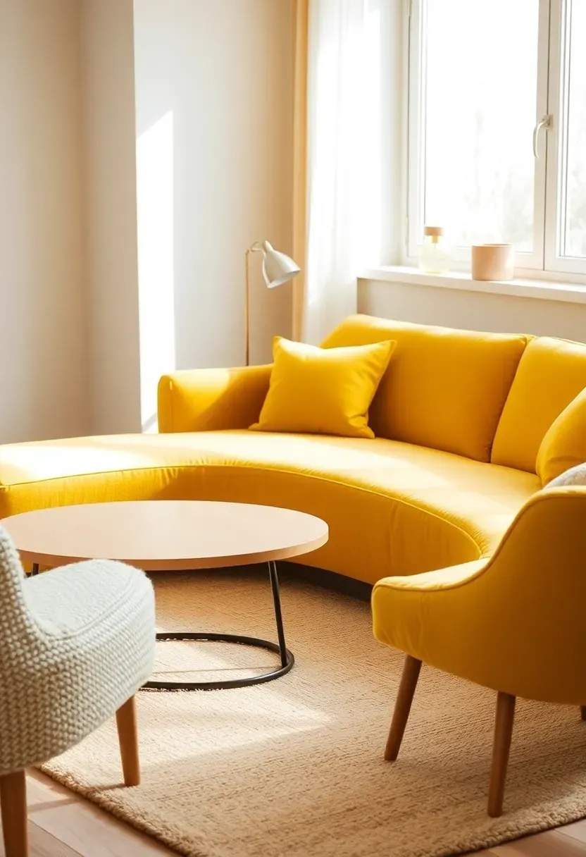 Curved yellow sofa with soft neutral shell