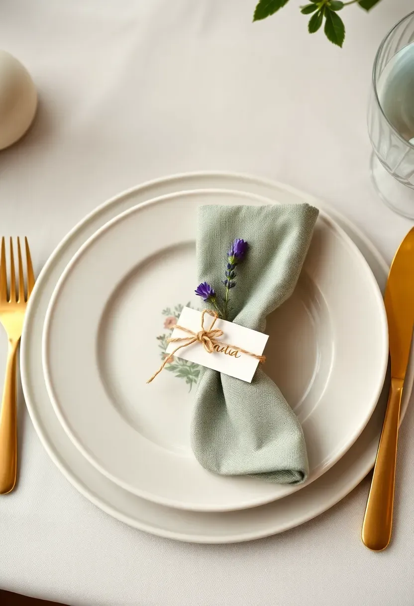 Botanical pressed flower place setting with sage linen napkin, lavender sprig, and brushed gold flatware