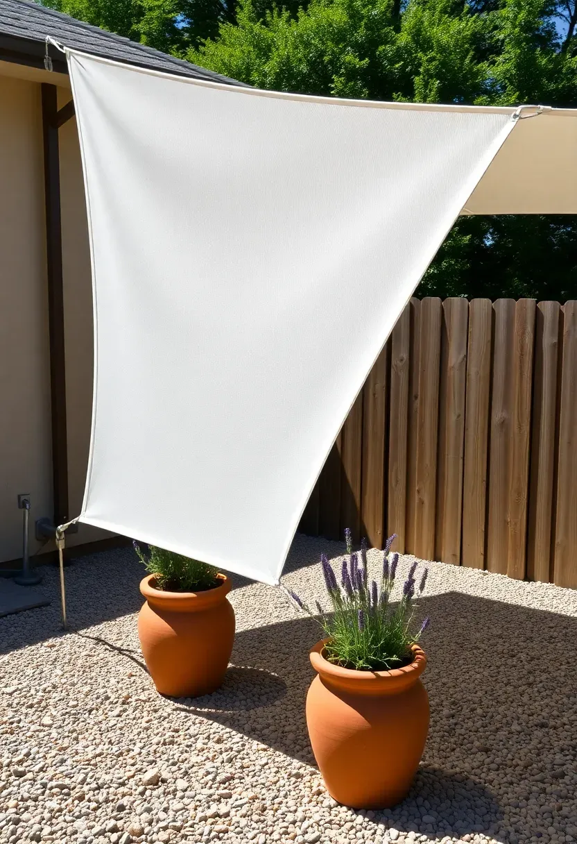 Triangular white shade sail stretched over a backyard patio with potted plants and gravel ground cover