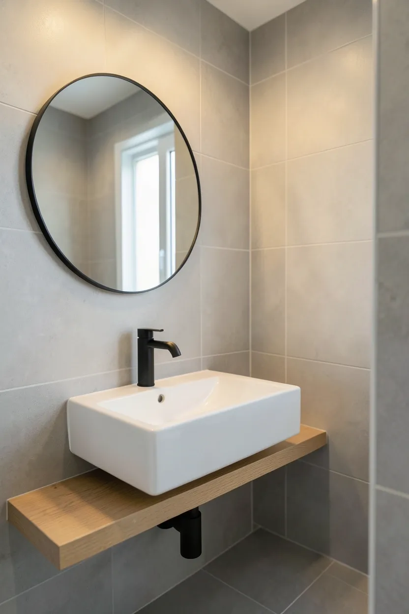 Beige subway tile backsplash paired with light oak wood vanity in a neutral budget bathroom