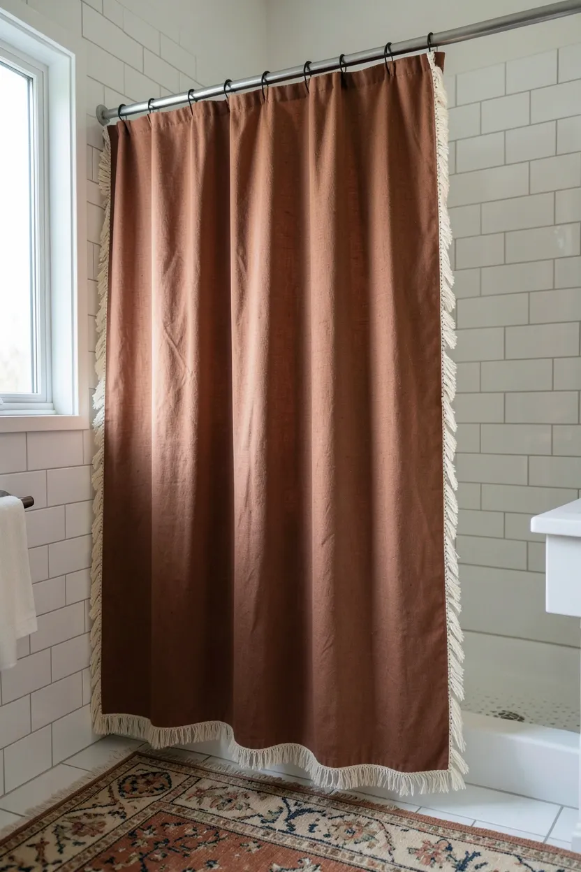 Hyper-realistic eye-level photograph of boho bathroom showing terracotta colored linen shower curtain with cream tassel fringe trim along edges, gathered slightly at rod, white subway tile walls visible, vintage rug on floor. Natural light from high window. Materials: linen fabric, cotton fringe, ceramic tile. Warm earthy boho palette. Realistic daily use state with slight curtain movement. No text, no logos, no watermarks.</p>