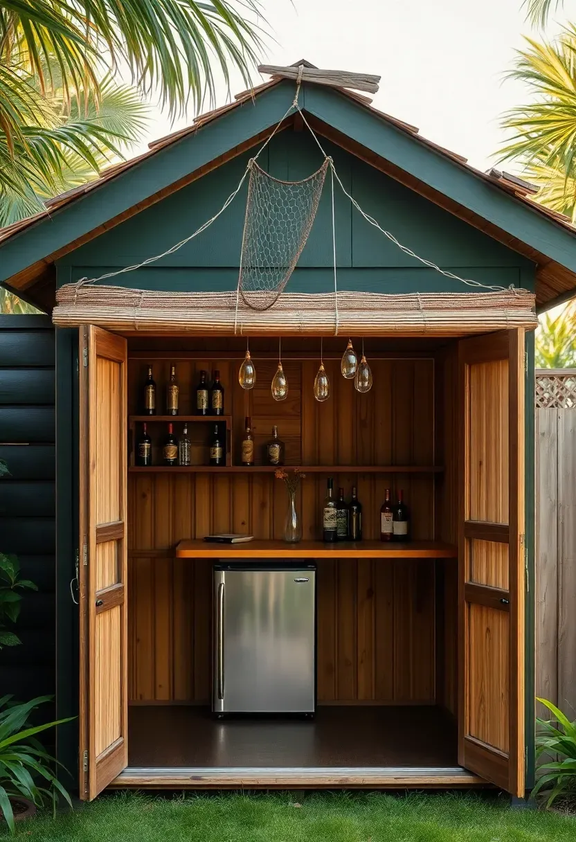Small garden shed converted into a tiki bar with the front wall removed and replaced by a fold-down bamboo counter and thatched overhang