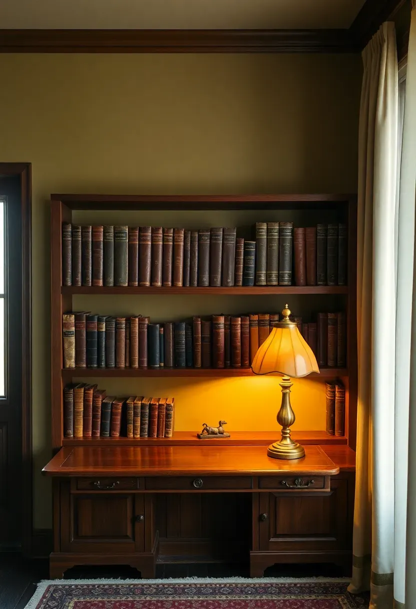 rustic study with olive drab accent wall behind built-in wooden bookshelves with leather-bound books and a desk lamp