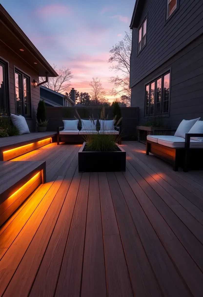 A large composite deck extending from a house into the backyard, with built-in bench seating, planters with ornamental grasses, and recessed lighting at dusk