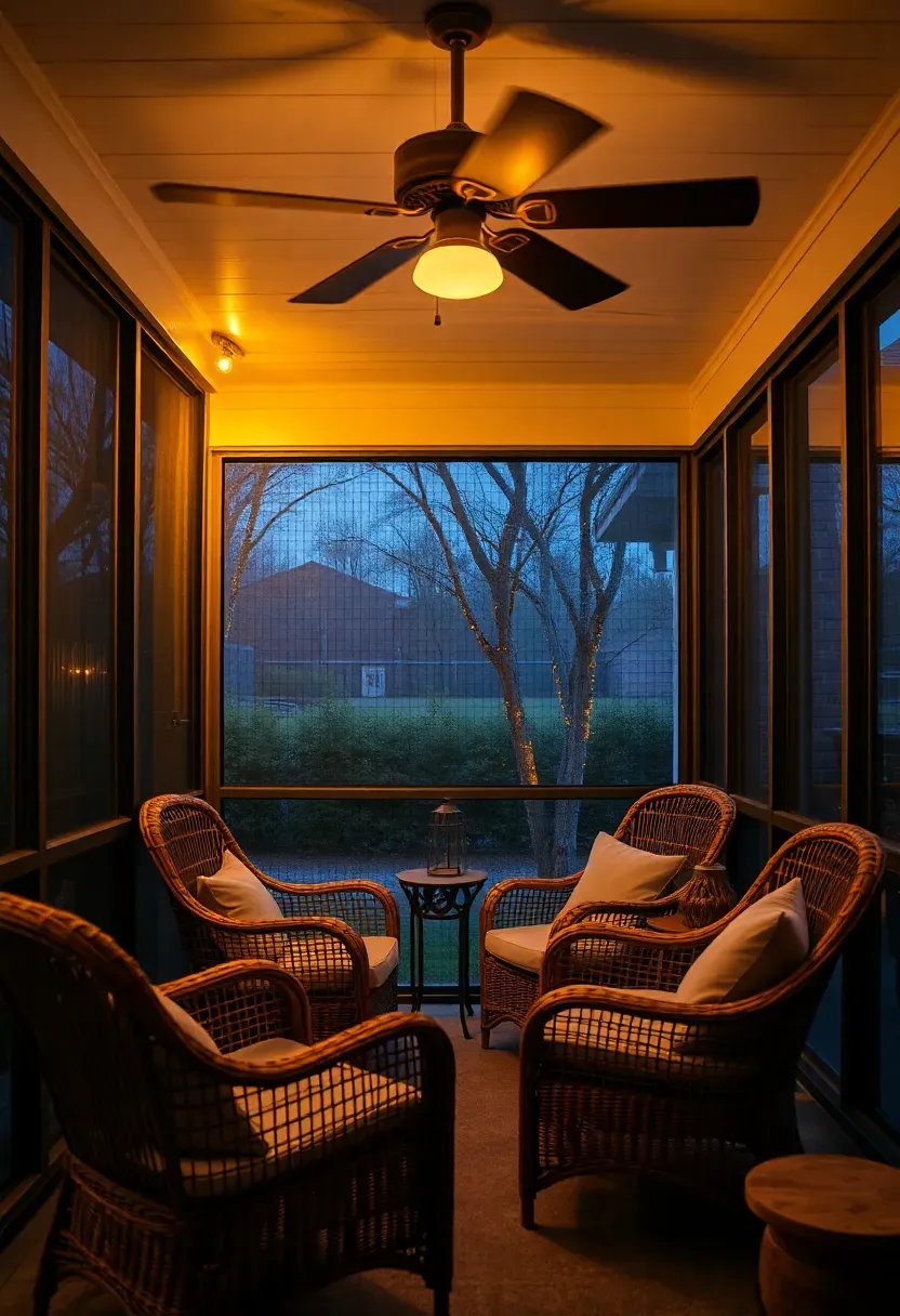 Screened-in backyard porch with mesh panels, wicker furniture, and ceiling fan running at dusk