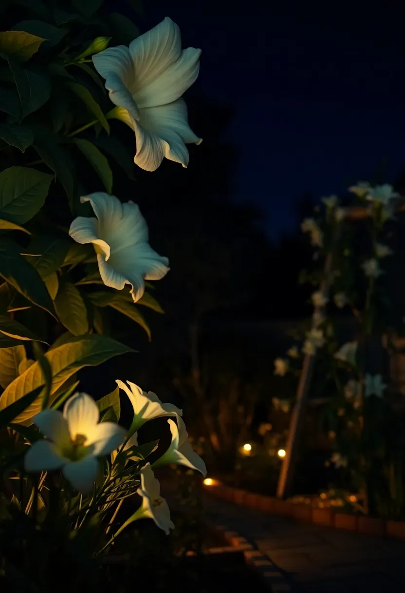 Night-blooming Arizona garden with white sacred datura flowers, evening primrose, and moonflower vine illuminated by soft landscape lighting