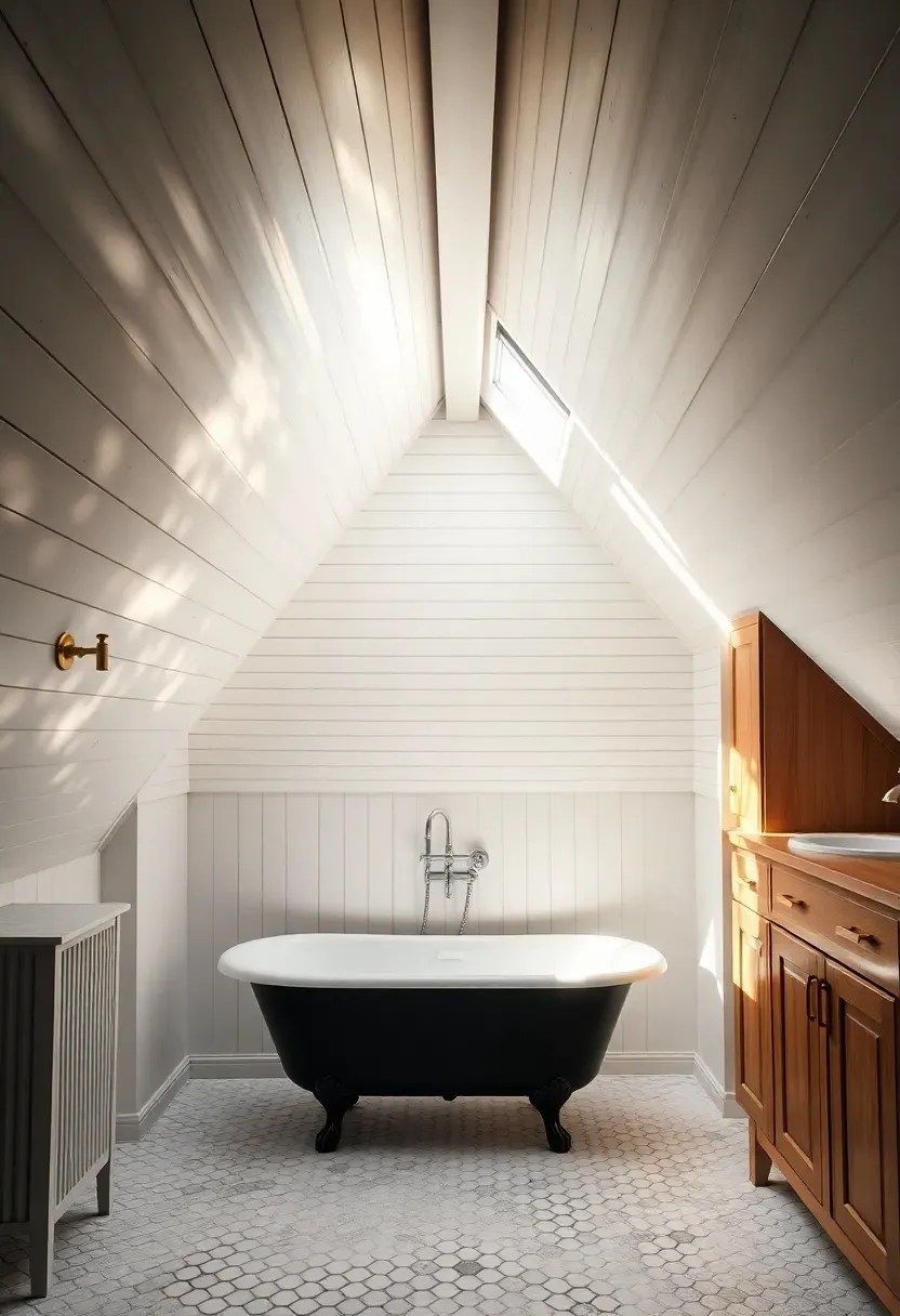 Attic bathroom with skylight above the bathtub and sloped ceiling with knee wall storage