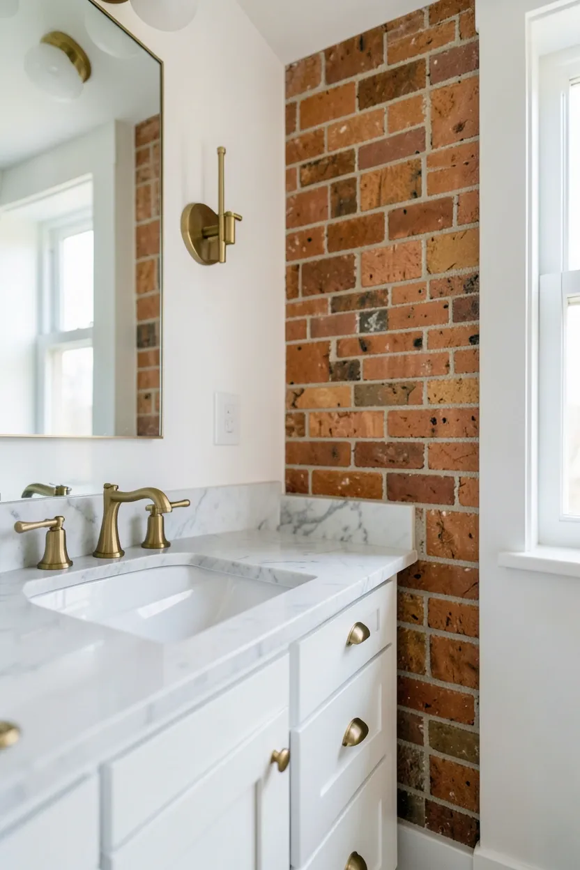 Terracotta subway tile backsplash behind a bathroom vanity in a herringbone layout with white walls above