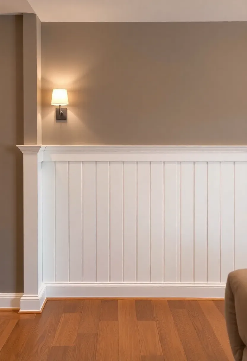 white board and batten wainscoting on basement walls with warm gray paint above