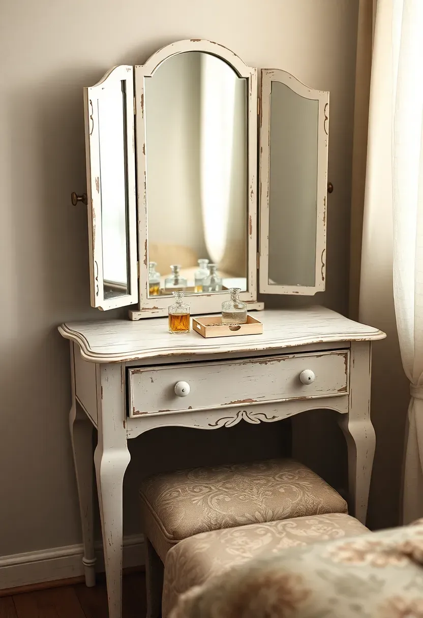Vintage vanity table with tri-fold mirror and distressed finish