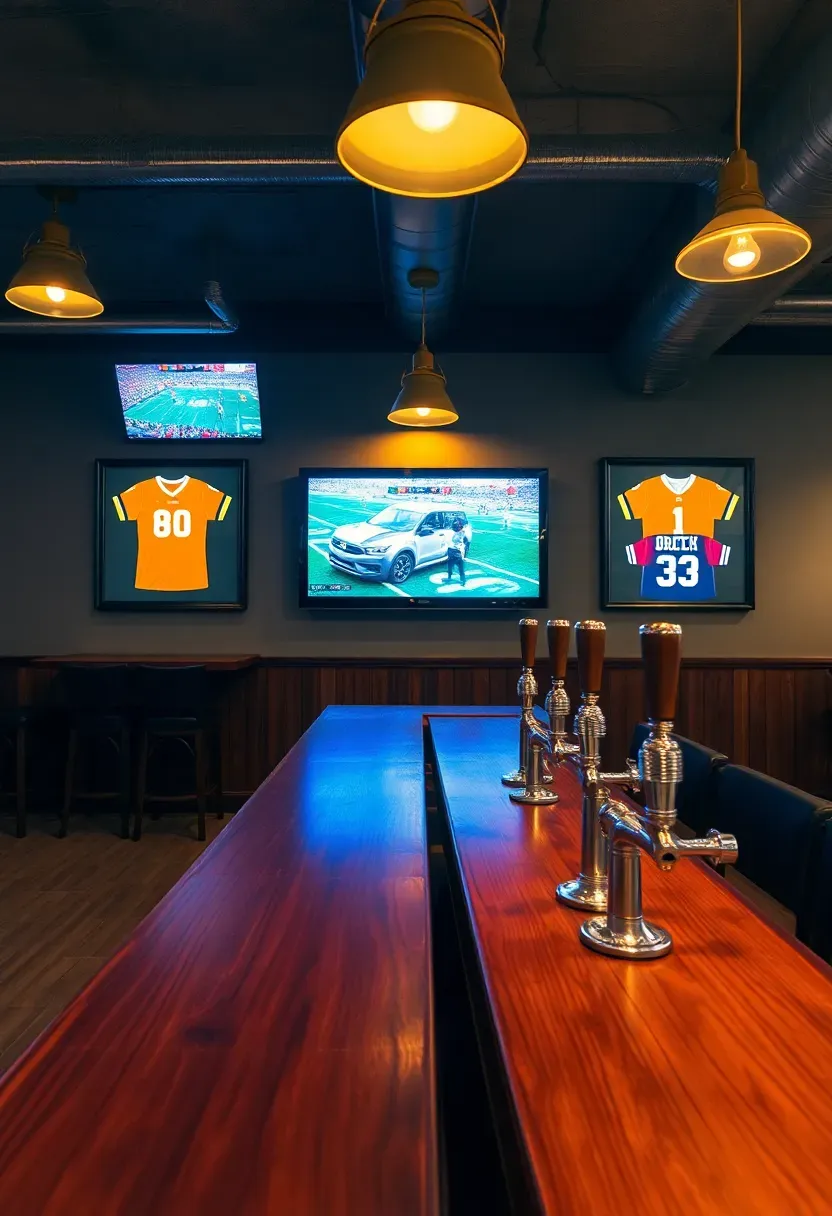 Basement sports bar with multiple wall-mounted screens, team memorabilia, tall pub tables, and a long counter with draft taps