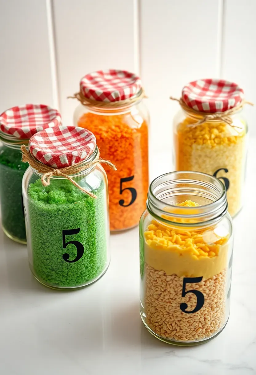 mystery jars filled with colorful goo and baby items on a table with numbered labels