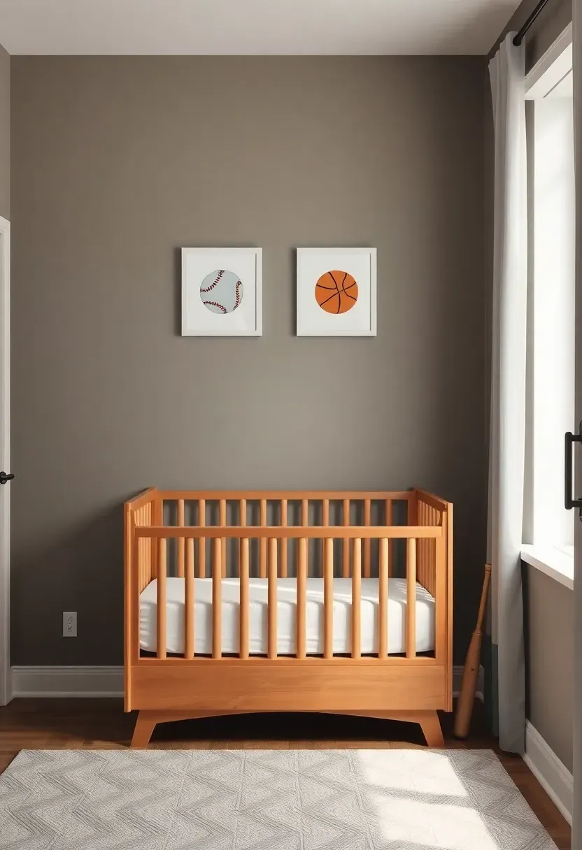 sports themed boy nursery with subtle ball motifs neutral palette and clean modern furniture