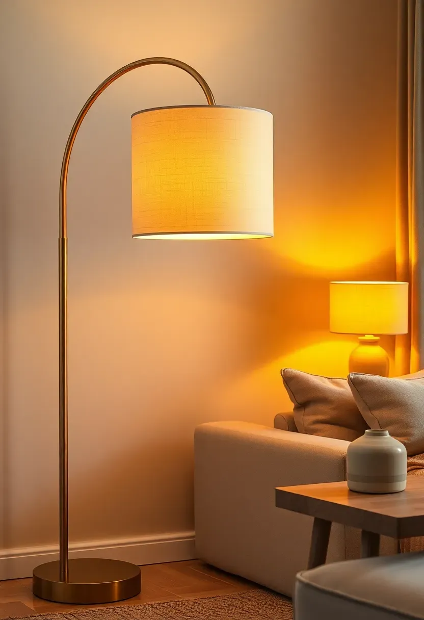 Warm floor lamp casting soft light in a corner of a budget-decorated bedroom at evening
