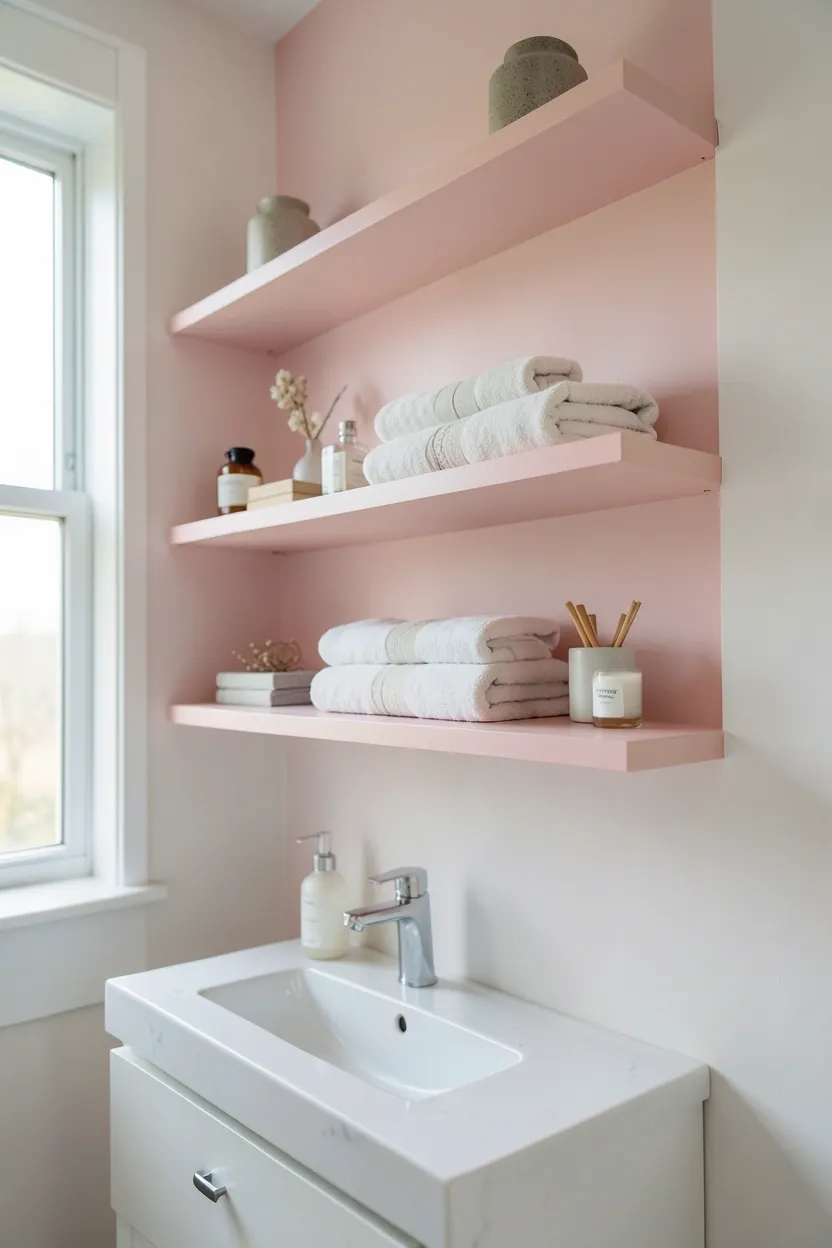 Pink floating shelves mounted on white bathroom wall displaying folded towels and plants, modern storage with pink color accent