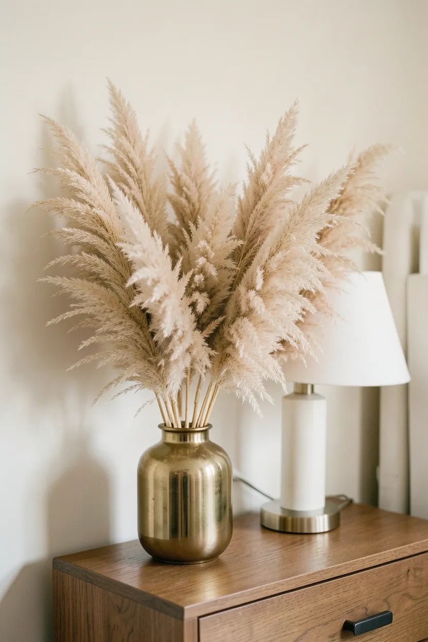 Fluffy pampas grass in tall brass and ceramic vases in a corner of a dreamy boho bedroom adding soft feathery texture