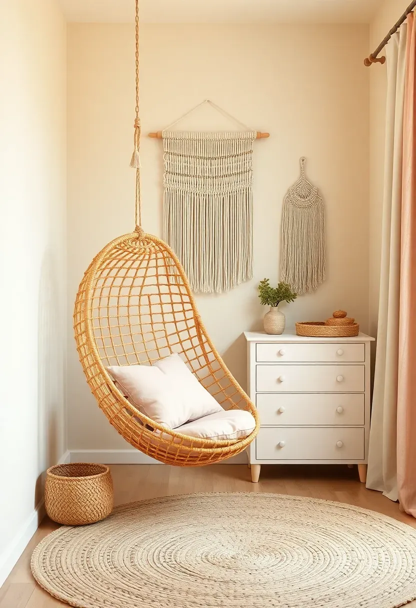 boho baby girl nursery with rattan furniture, macrame wall hanging, and woven textiles